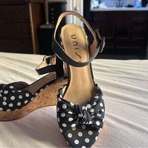 Blue and white polka dot cork platform sandals